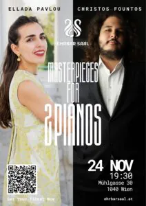 Fountos-Pavlou | Busoni-Finalist mit Klavierduo im Ehrbarsaal: Meisterwerke für zwei Klaviere